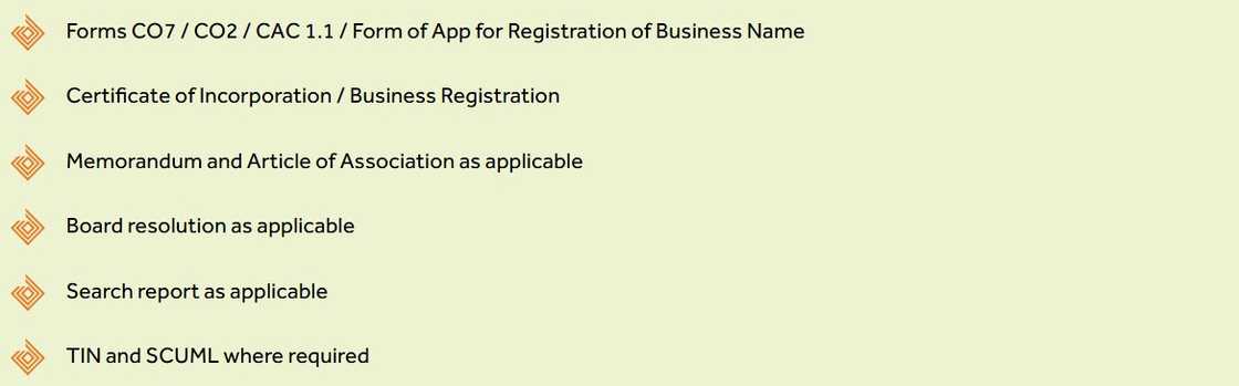 A screenshot of Access Bank's domiciliary account business requirements A screenshot of Access Bank's domiciliary account business requirements