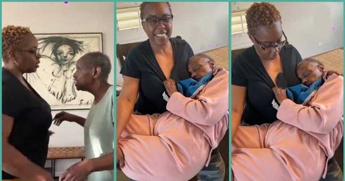 Lady carries sick mum on her lap, pampers her in touching clip Lady carries sick mum on her lap, pampers her in touching clip
