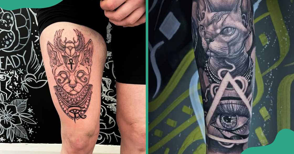 Eye of Horus with Sphinx tattoo design on legs Eye of Horus with Sphinx tattoo design on legs