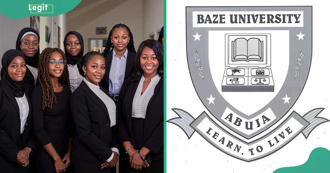 Baze University students photographed in black suits (L). The University's logo (R). Baze University students photographed in black suits (L). The University's logo (R).