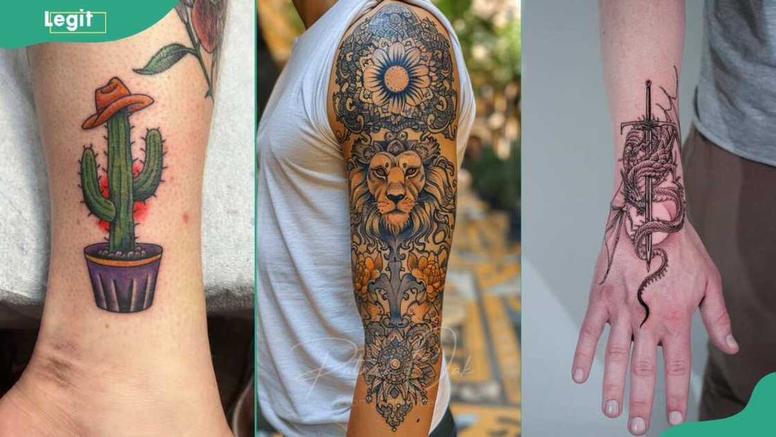 Cactus (L), lion (C) and sword dragon tattoos (R) Cactus (L), lion (C) and sword dragon tattoos (R)
