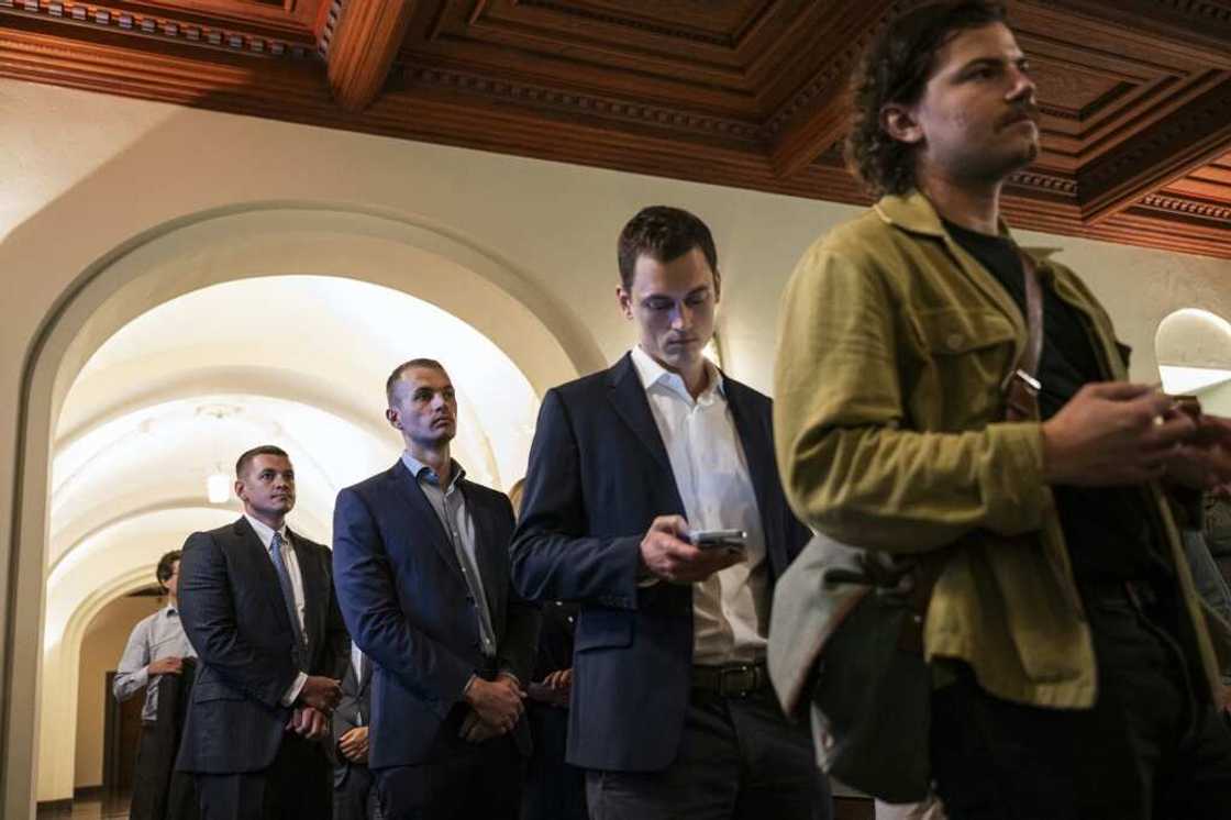 Sons of defendant Ian Lundin, William Lundin (L), Harry Lundin (2nd L) and Jack Lundin (2nd R), attended the opening day of the trial in Stockholm's District Court Sons of defendant Ian Lundin, William Lundin (L), Harry Lundin (2nd L) and Jack Lundin (2nd R), attended the opening day of the trial in Stockholm's District Court