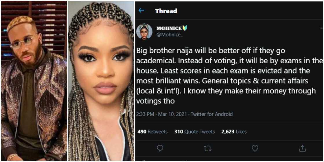 Nigerians react as lady suggest BBNaija becomes an academic show based on brilliance Nigerians react as lady suggest BBNaija becomes an academic show based on brilliance
