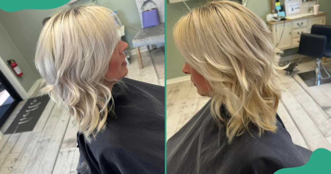 Different views of a layered haircut with curtain bangs