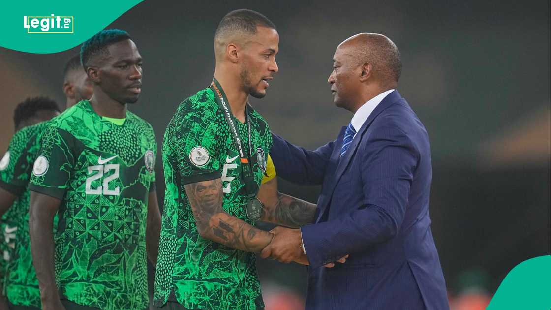 Kenneth Omeruo, William Troost-Ekong, Patrice Motsepe, AFCON 2023 final, Ivory Coast. Kenneth Omeruo, William Troost-Ekong, Patrice Motsepe, AFCON 2023 final, Ivory Coast.