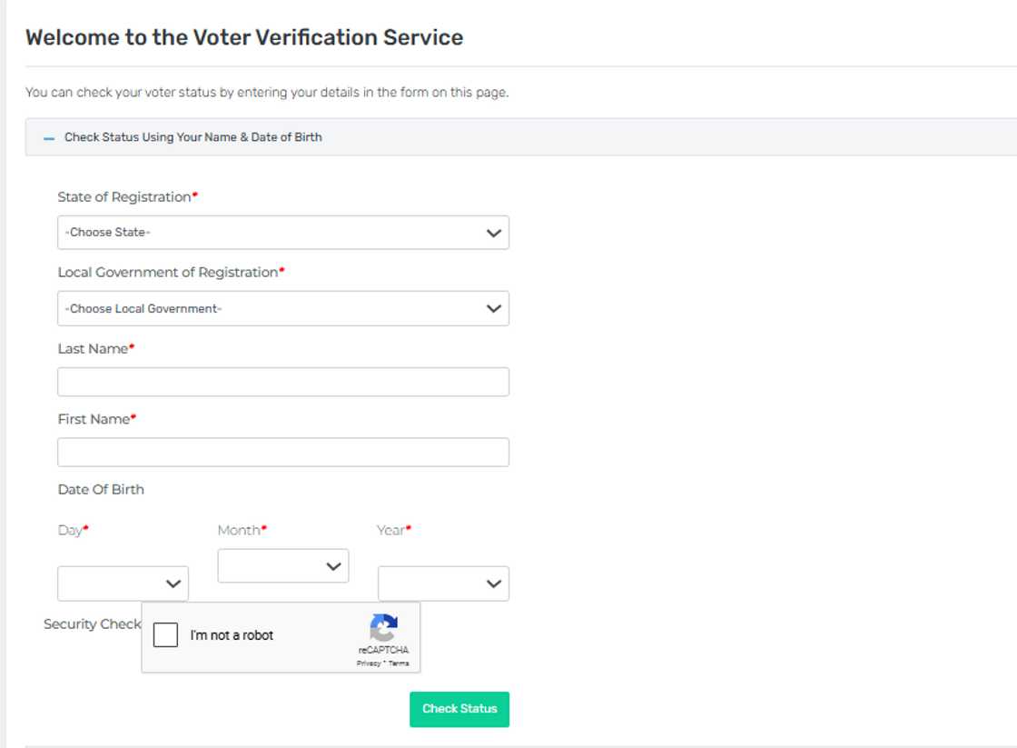 INEC's Voter Status Verification page. INEC's Voter Status Verification page.