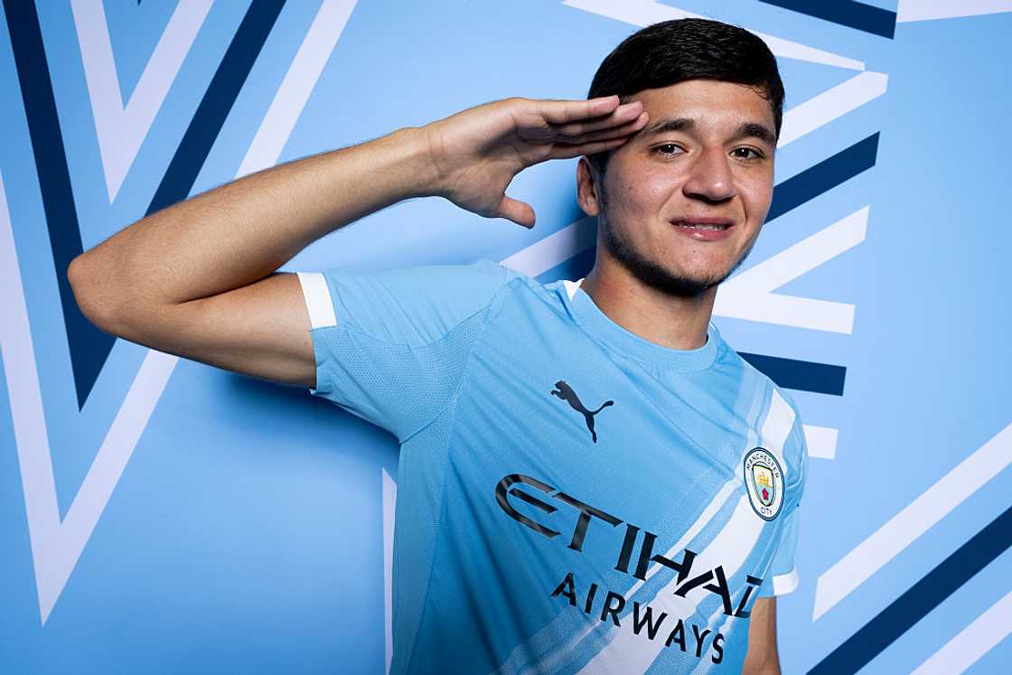 Abdukodir Khusanov of Manchester City poses for a portrait Abdukodir Khusanov of Manchester City poses for a portrait