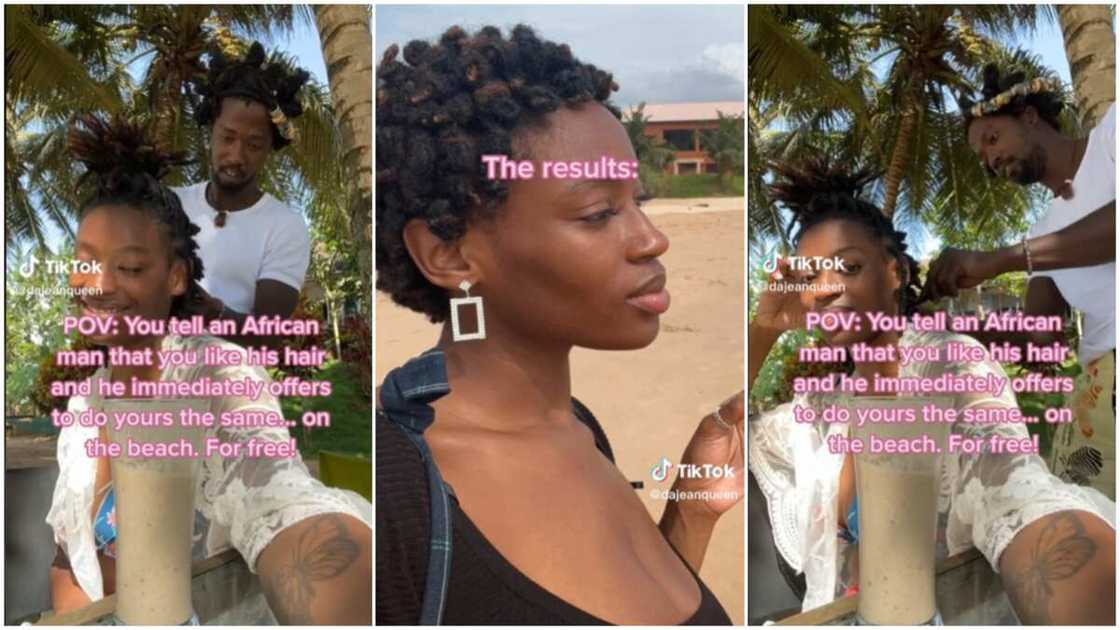 Lovely encounter on the beach/a man made lady's hair. Lovely encounter on the beach/a man made lady's hair.