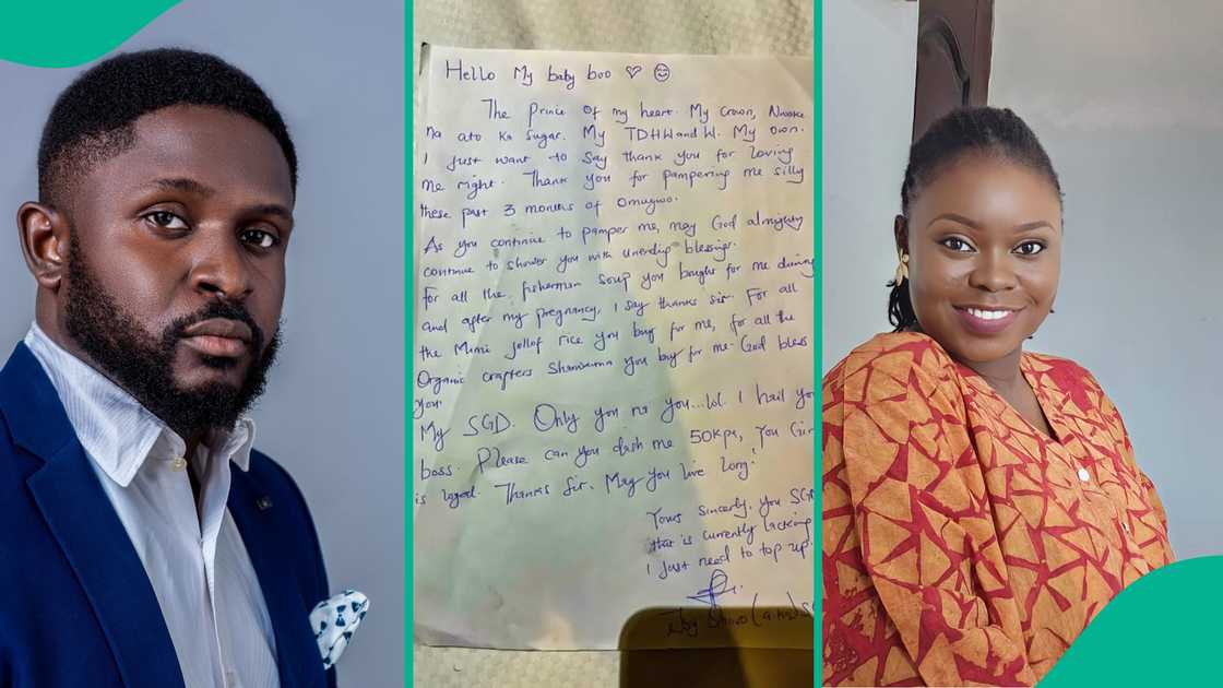 Man shows off letter his wife wrote to him. Man shows off letter his wife wrote to him.