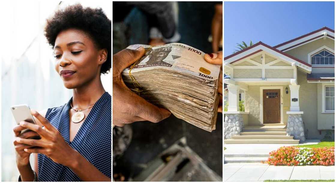 Photos of a lady with smartphone and house. Photos of a lady with smartphone and house.