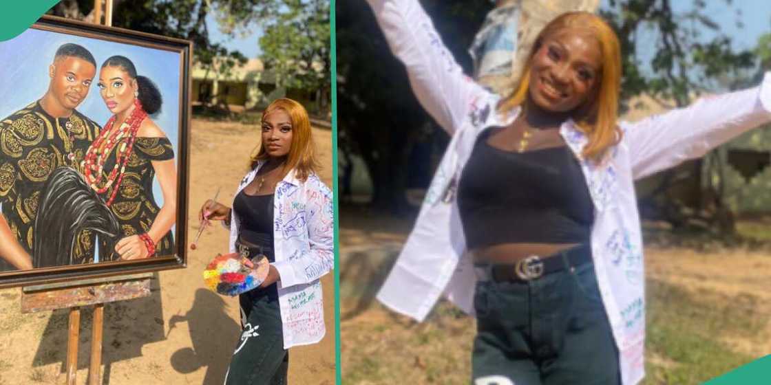 Lady makes a portrait of her and her husband. Lady makes a portrait of her and her husband.