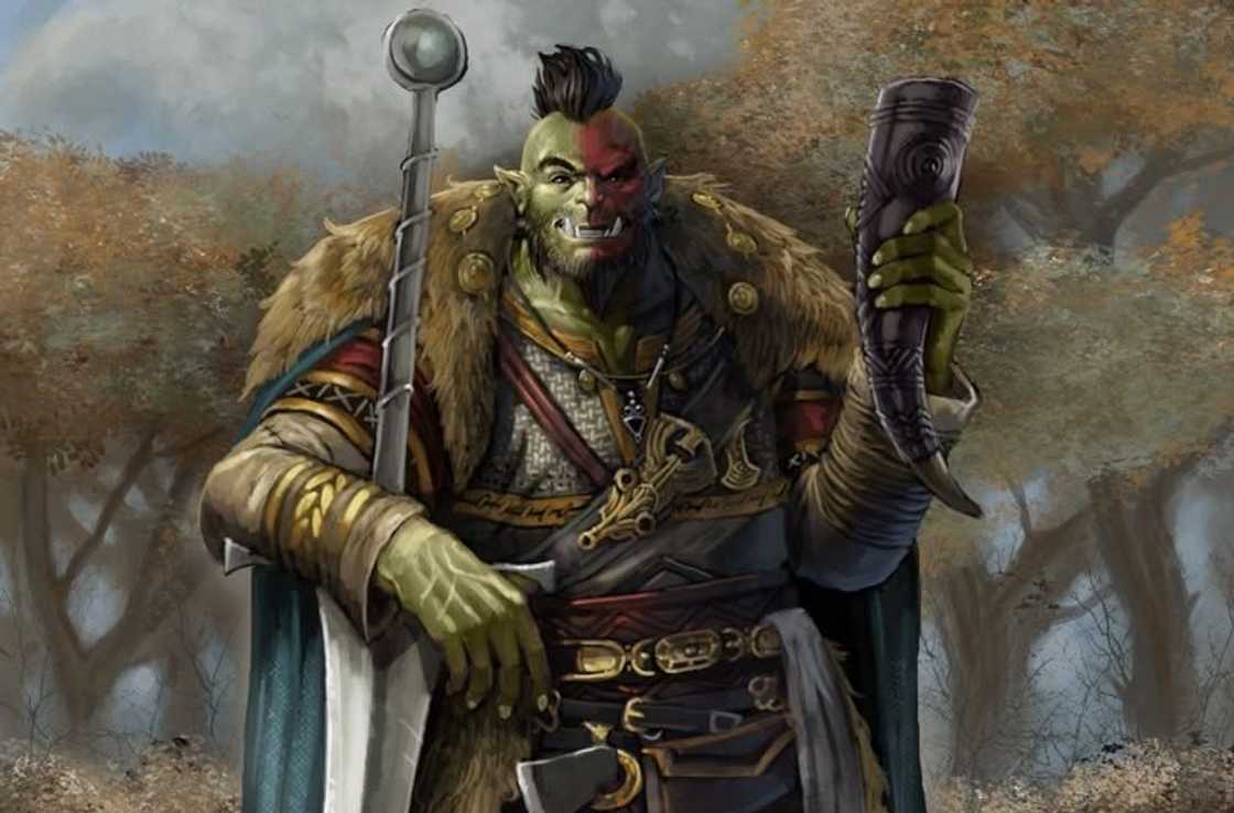 DnD Half-Orc character holding a horn and a weapon DnD Half-Orc character holding a horn and a weapon