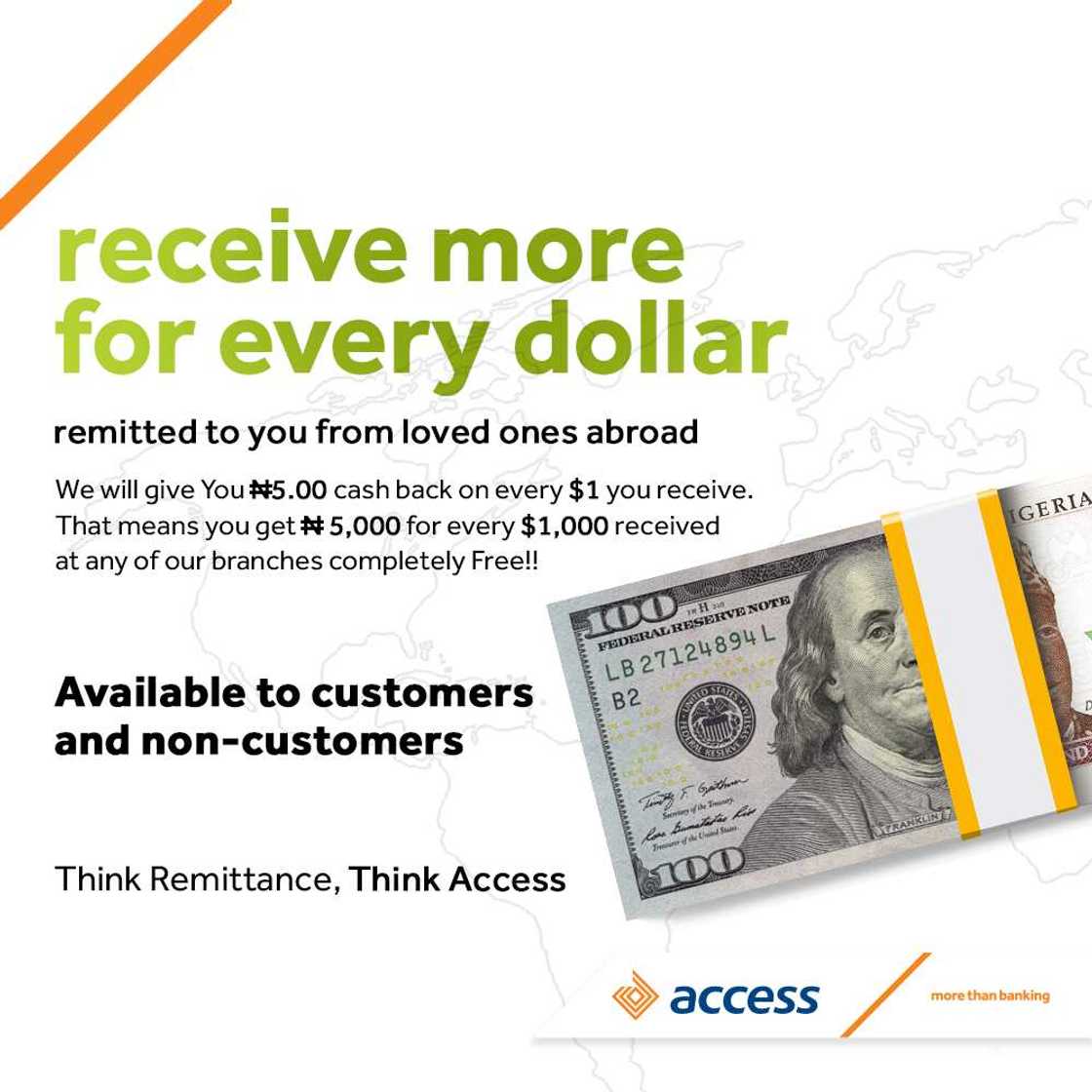 Diaspora remittances: Access Bank to pay customers N5 for every $1 received Diaspora remittances: Access Bank to pay customers N5 for every $1 received