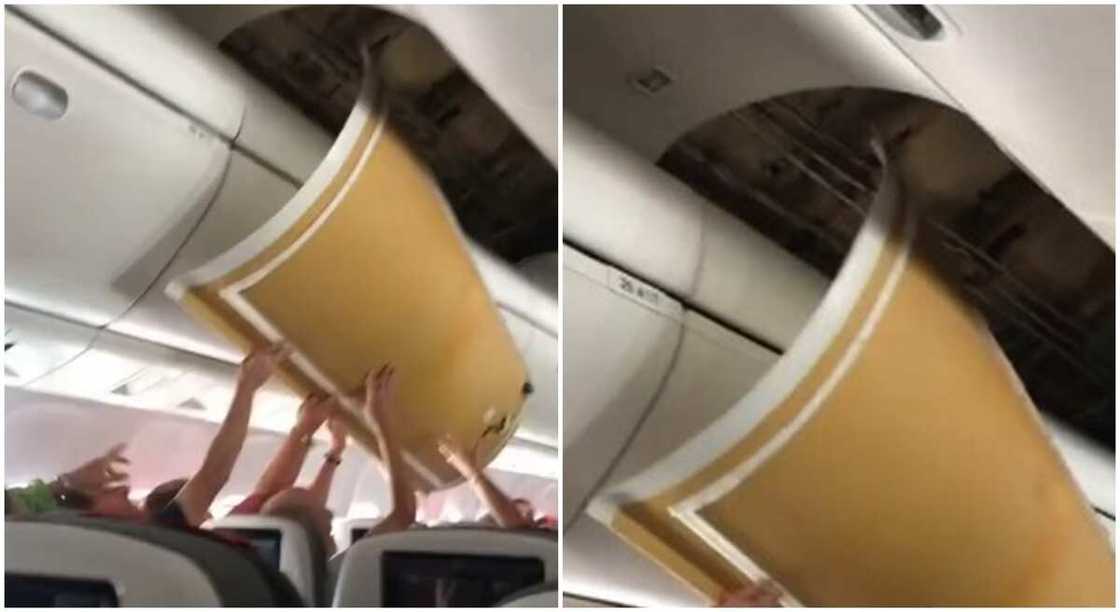 Collapsed airplane ceiling. Collapsed airplane ceiling.