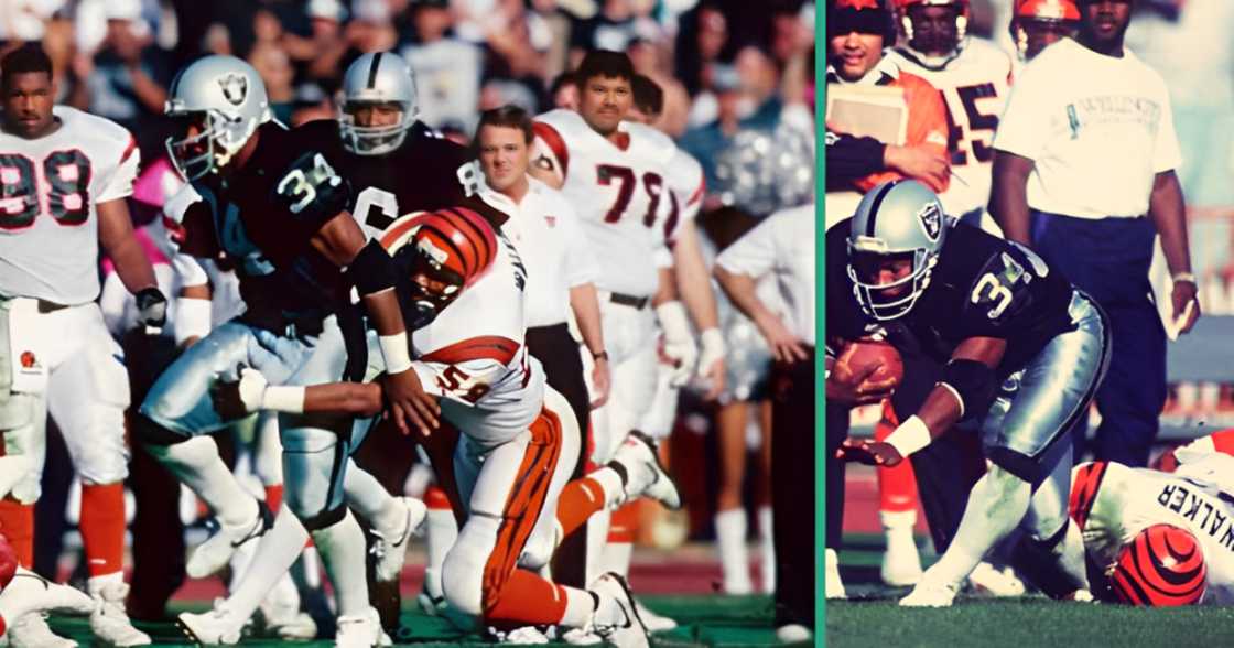 Los Angeles Raiders running back Bo Jackson (34), falls onto the ground at an awkward angle. Los Angeles Raiders running back Bo Jackson (34), falls onto the ground at an awkward angle.
