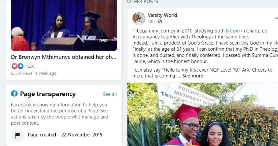 Mzansi social media users are truly inspired by a Ph.D. graduate who has made it at 31. Image: @VarsityWorld/Facebook Mzansi social media users are truly inspired by a Ph.D. graduate who has made it at 31. Image: @VarsityWorld/Facebook