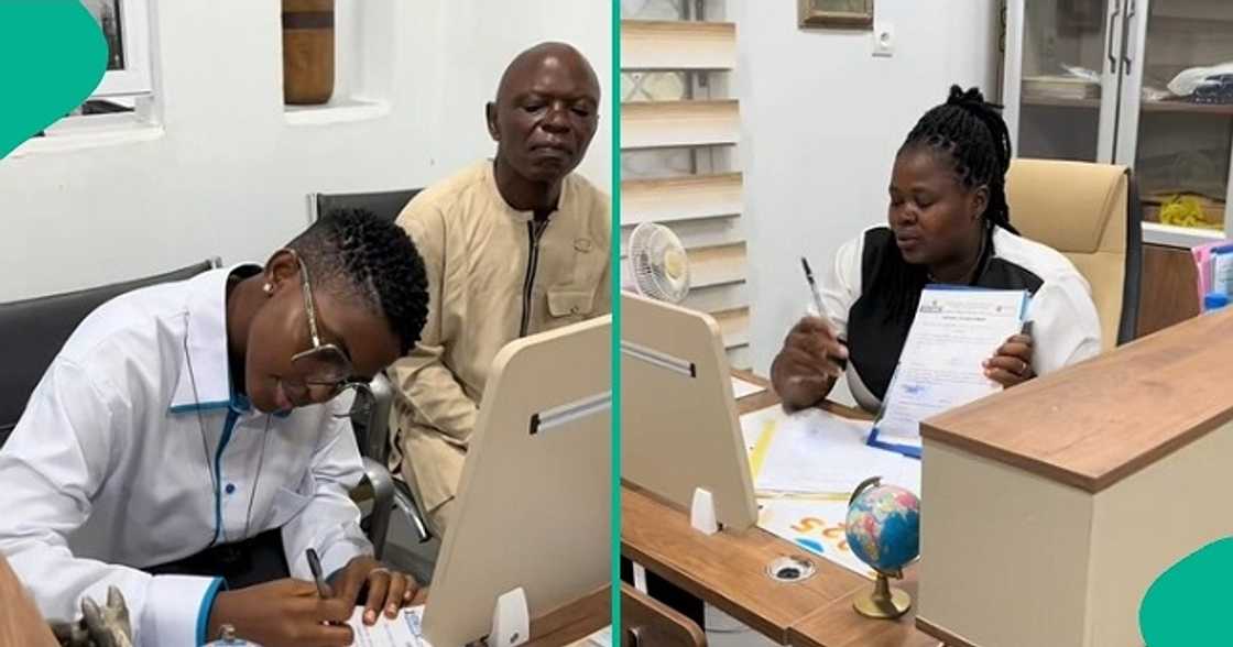 Caring father follows his daughter to her office Caring father follows his daughter to her office