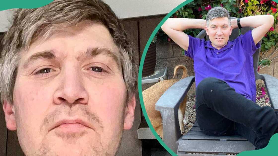 Ex-actor Benji Gregory standing in front of kitchen cabinets (L). Greg sits on a wooden chair outside a house (R)