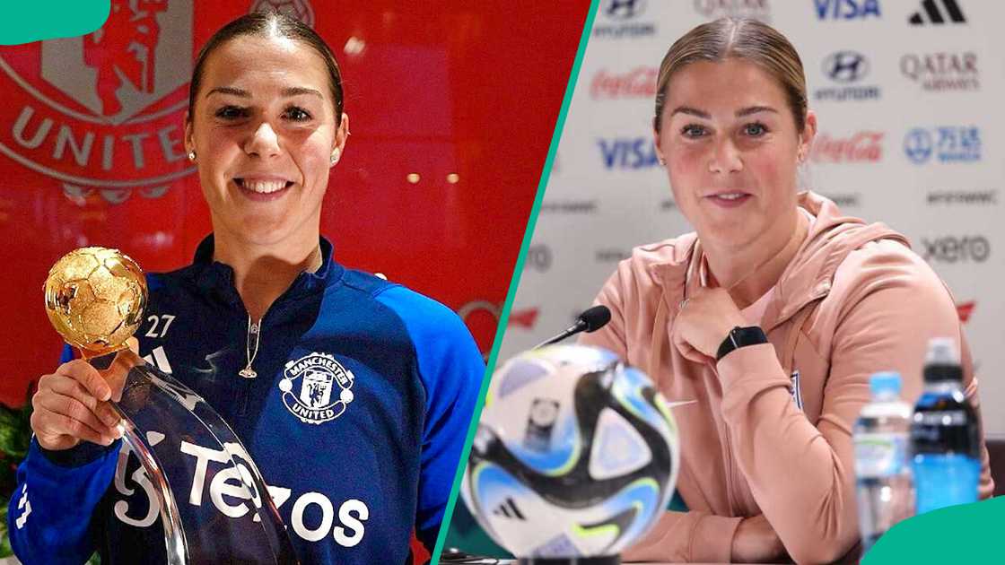 Mary Earps with a trophy and a ball during a press conference Mary Earps with a trophy and a ball during a press conference