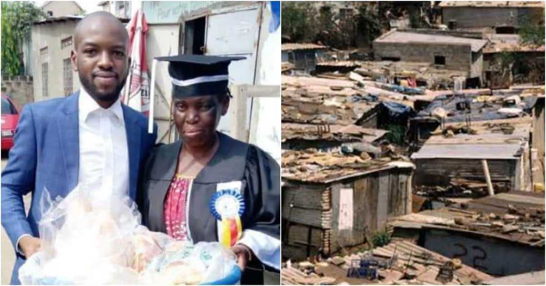 Man poses with his mother on his graduation day Man poses with his mother on his graduation day