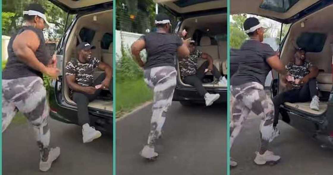 Fitness trainer motivates lady with cash to jog on road Fitness trainer motivates lady with cash to jog on road