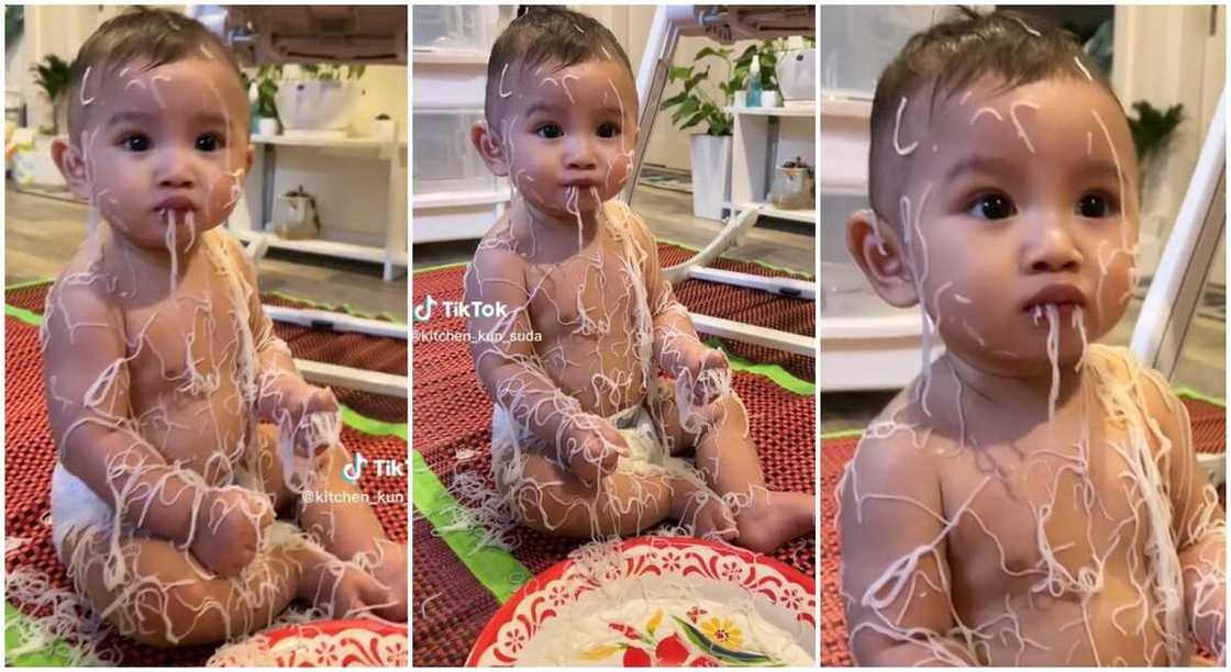 Photos of a baby with noodles on his body. Photos of a baby with noodles on his body.
