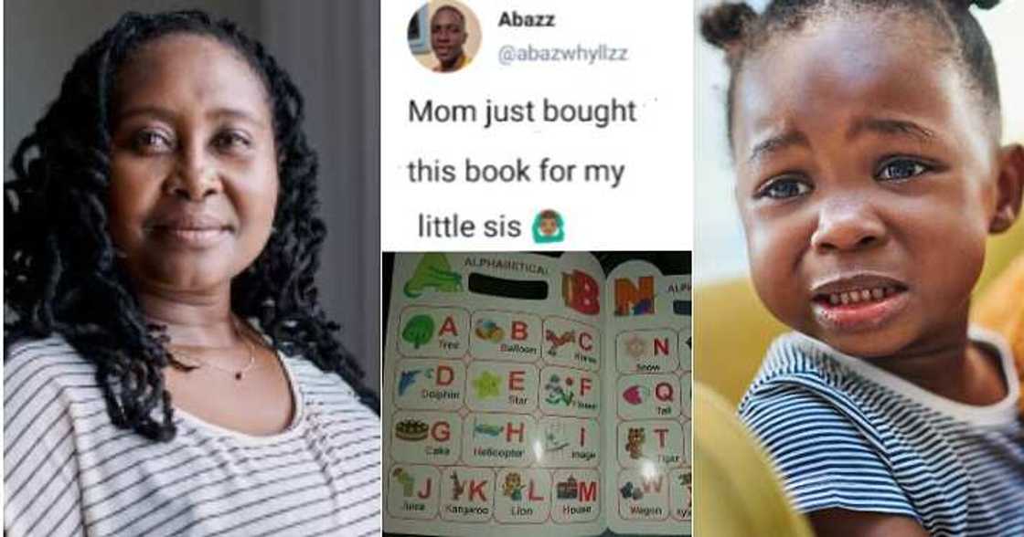 Mum buys alphabet book for daughter, little girl, o for bird Mum buys alphabet book for daughter, little girl, o for bird