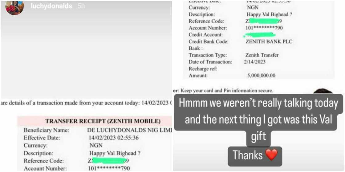 Luchy Donalds' Valentine 5million naira credit alert from boyfriend Luchy Donalds' Valentine 5million naira credit alert from boyfriend