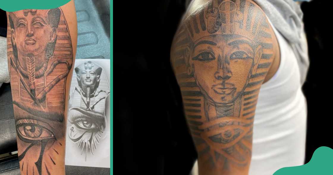 Eye of Horus tattoos designs with King Tut on arms