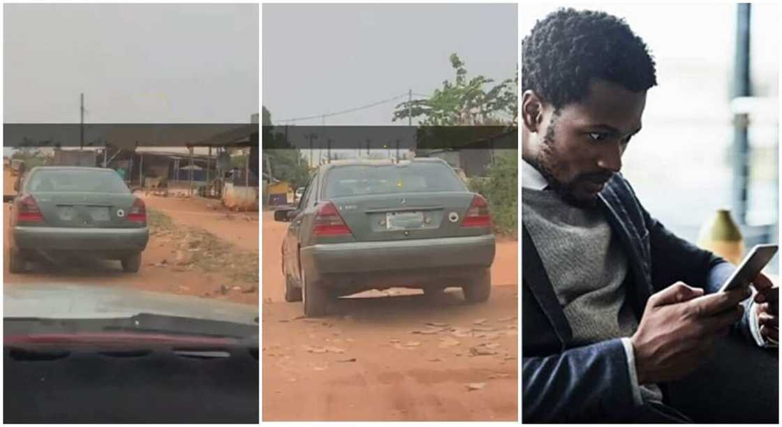 Photo of old Mercedese car and man holding a phone.