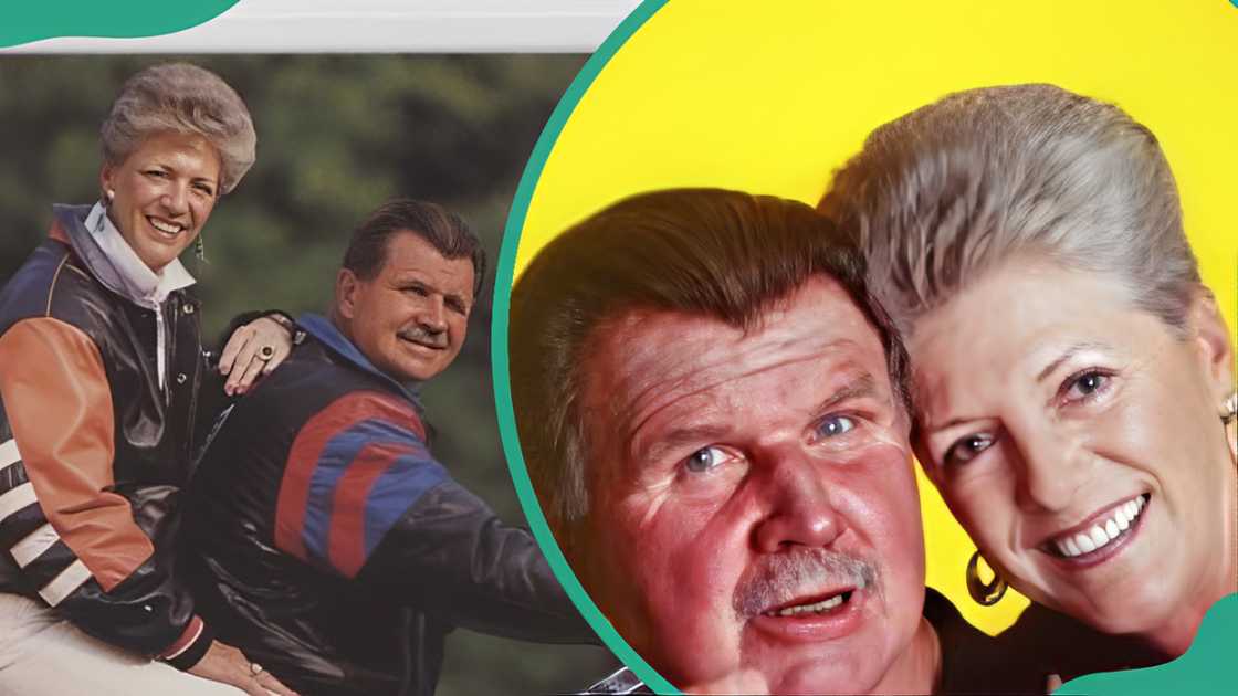 Diana Ditka and Mike Ditka on a bicycle (L). Mike Ditka with wife Diana in Lake Tahoe (R).