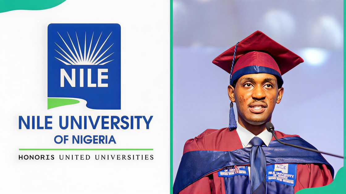 Nile University logo and a student speaking during graduation at Nile University Nile University logo and a student speaking during graduation at Nile University