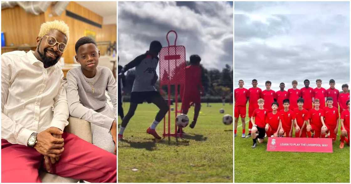 Basketmouth's son dribbling ball at Liverpool Football Academy. Basketmouth's son dribbling ball at Liverpool Football Academy.