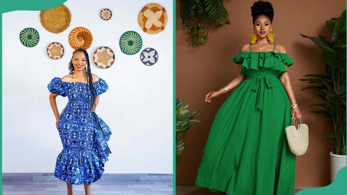 Blue off shoulder Ankara and a green off shoulder dress Blue off shoulder Ankara and a green off shoulder dress