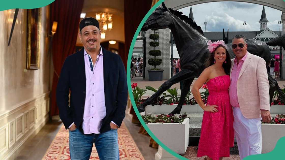 Boston Rob posing with both hands in her pocket (L). Boston Rob and his wife Amber posing in front of a black horse carving (R). Boston Rob posing with both hands in her pocket (L). Boston Rob and his wife Amber posing in front of a black horse carving (R).