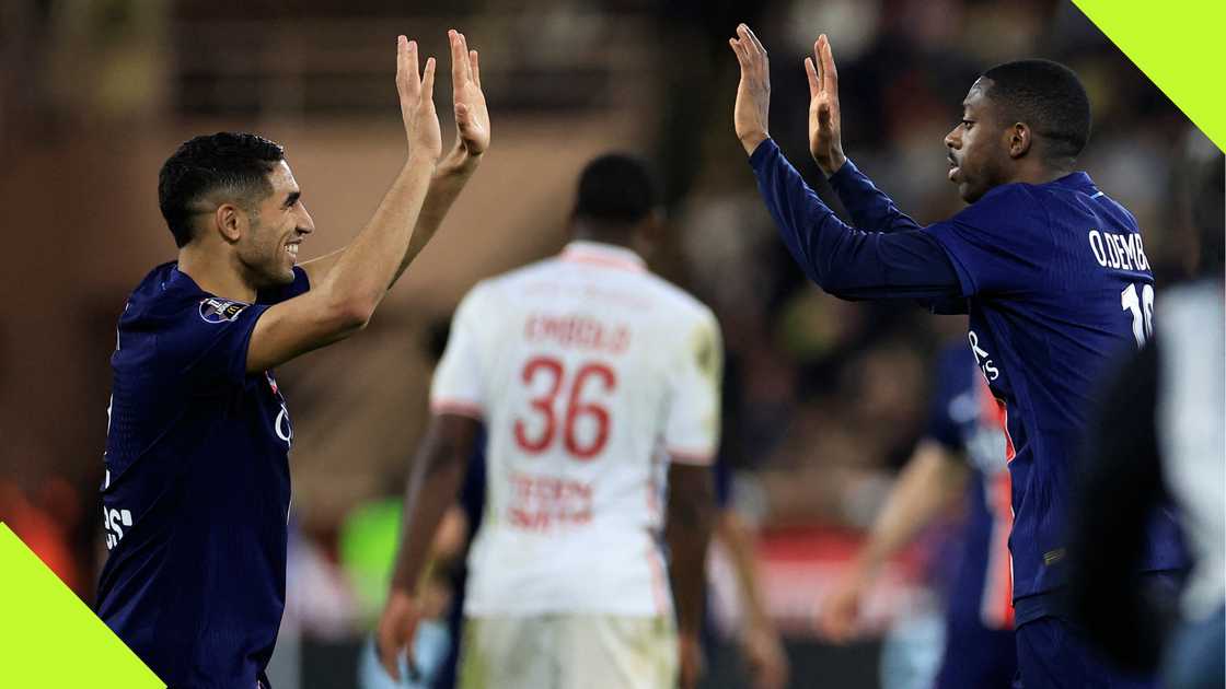 Achraf Hakimi, Ousmane Dembele, Paris Saint-Germain, AS Monaco, Stade Louis II, Monaco, French Ligue 1. Achraf Hakimi, Ousmane Dembele, Paris Saint-Germain, AS Monaco, Stade Louis II, Monaco, French Ligue 1.