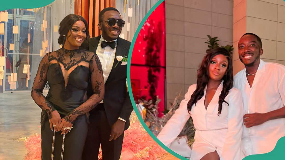 Kris Asimonye Ugboma and her husband Bovi Ugboma posing in black outfits outside a restaurant (L).The fashion designer and her husband posing in front of a car (R).