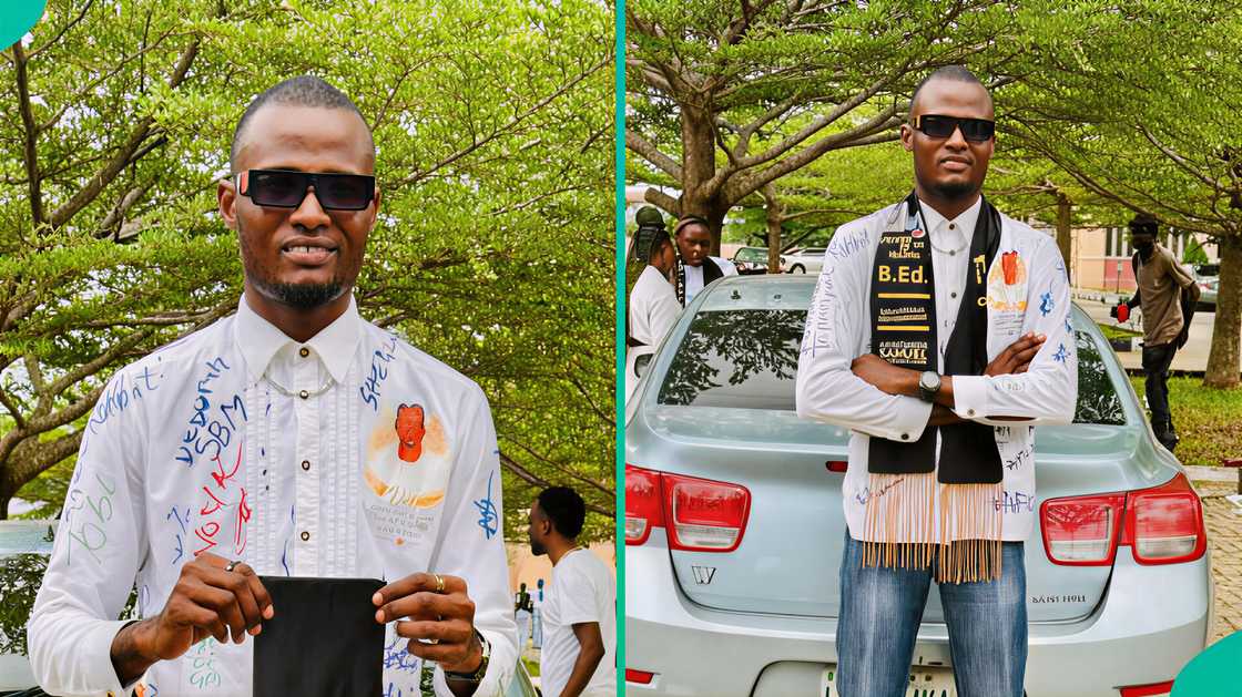A man celebrates as he signs out in grand style from the University of Ibadan A man celebrates as he signs out in grand style from the University of Ibadan