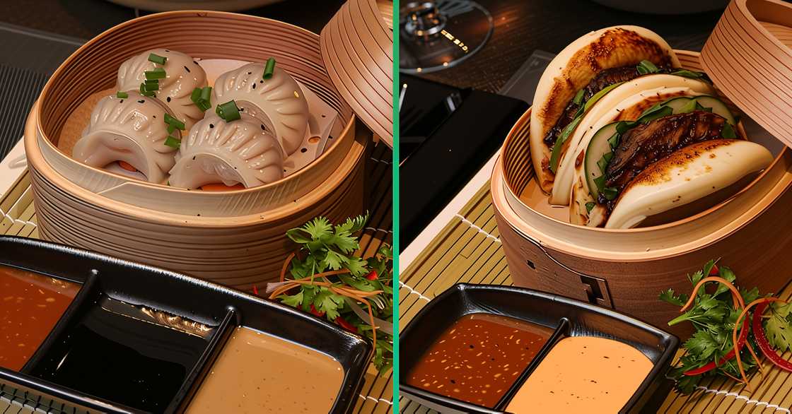 An assortment of dumplings and bao buns with various sauces at Wakame Restaurant An assortment of dumplings and bao buns with various sauces at Wakame Restaurant