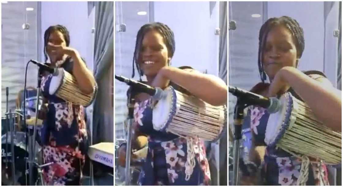 Nigerian girl shows off her skills in playing the Yoruba talking drum in cute clip. Nigerian girl shows off her skills in playing the Yoruba talking drum in cute clip.