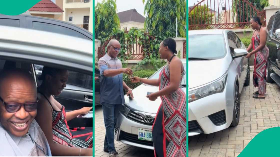 Lady gets car gift from her father. Lady gets car gift from her father.