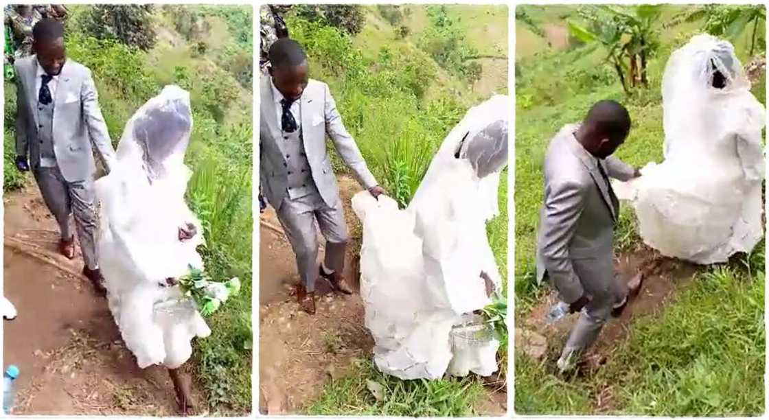 Photos of a bride and her groom walking on a bushy path.