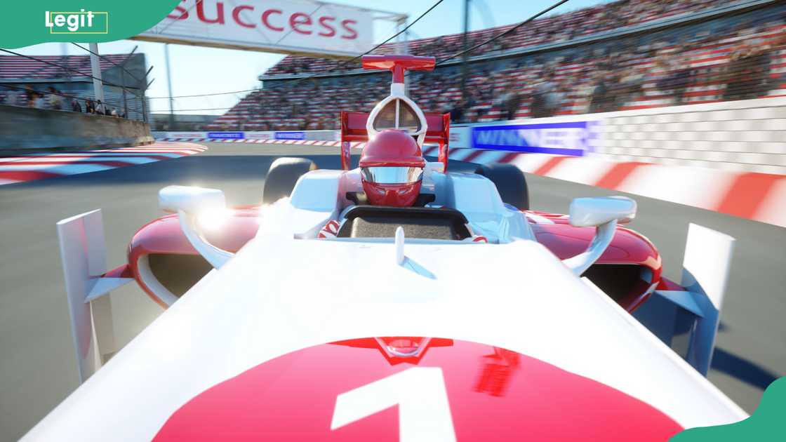 A 3D rendering of a race car driving at high speed