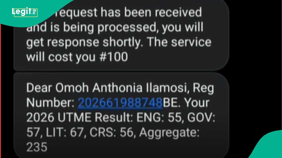 Screenshot of a 2026 UTME result showing a Nigerian student’s JAMB score of 235 with subject breakdown in English, Literature, Government, and CRS. Screenshot of a 2026 UTME result showing a Nigerian student’s JAMB score of 235 with subject breakdown in English, Literature, Government, and CRS.