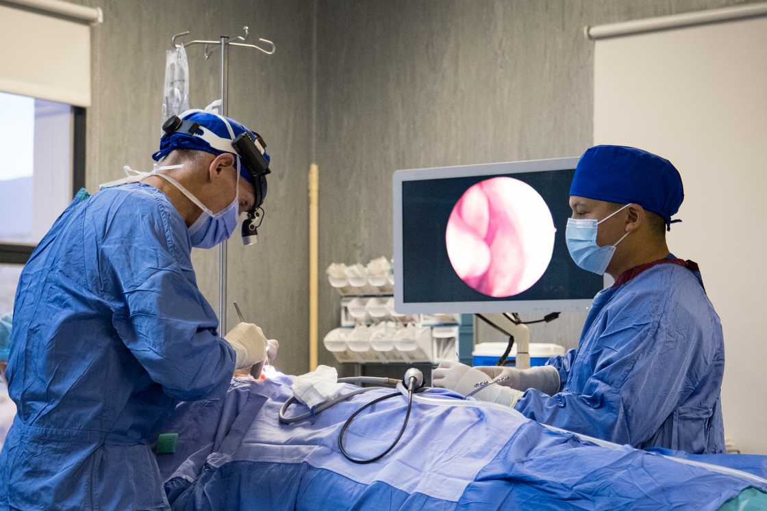 Two Neurosurgeons monitor the surgery from a digital screen, they use a digital scope.