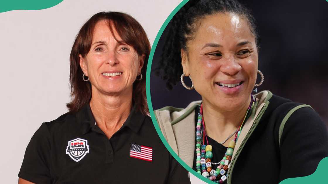 Lisa Boyer at the University of South Carolina in Columbia, South Carolina (L) Head coach Dawn Staley of the South Carolina Gamecocks at Dickies Arena in Fort Worth, Texas (R)