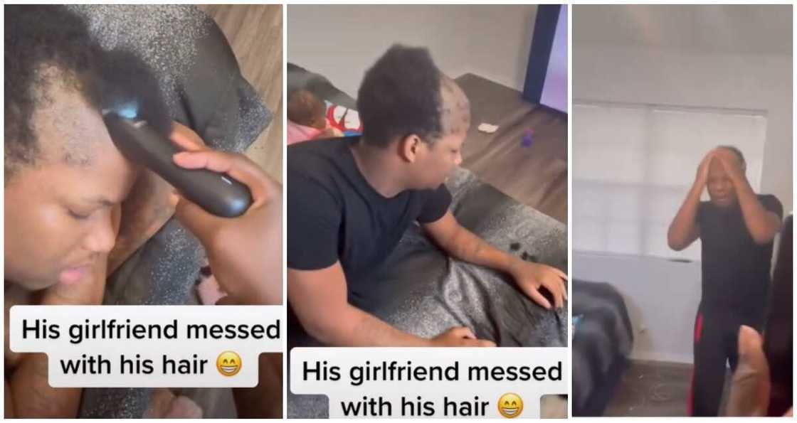 Lady cuts her boyfriend's hair, clipper, lady cuts man's hair while he slept, relationship drama Lady cuts her boyfriend's hair, clipper, lady cuts man's hair while he slept, relationship drama