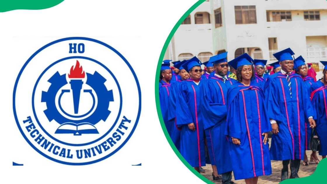 The Ho Technical University logo and graduates in academic dresses The Ho Technical University logo and graduates in academic dresses