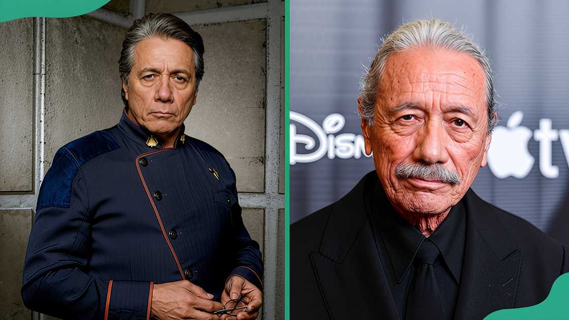 Edward James Olmos standing against a concrete wall. Edward James Olmos at The Beverly Hilton Edward James Olmos standing against a concrete wall. Edward James Olmos at The Beverly Hilton
