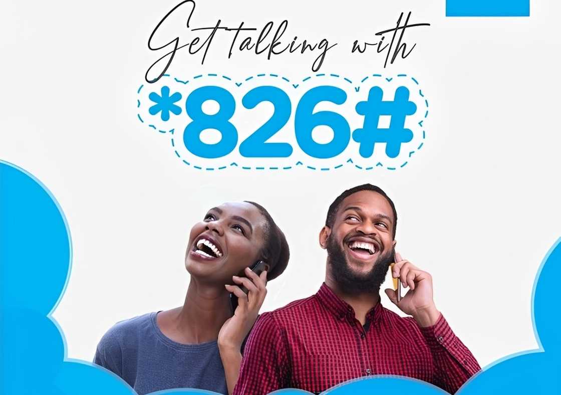A smiling man and woman are pictured holding mobile phones to their ears promoting the Union Bank USSD